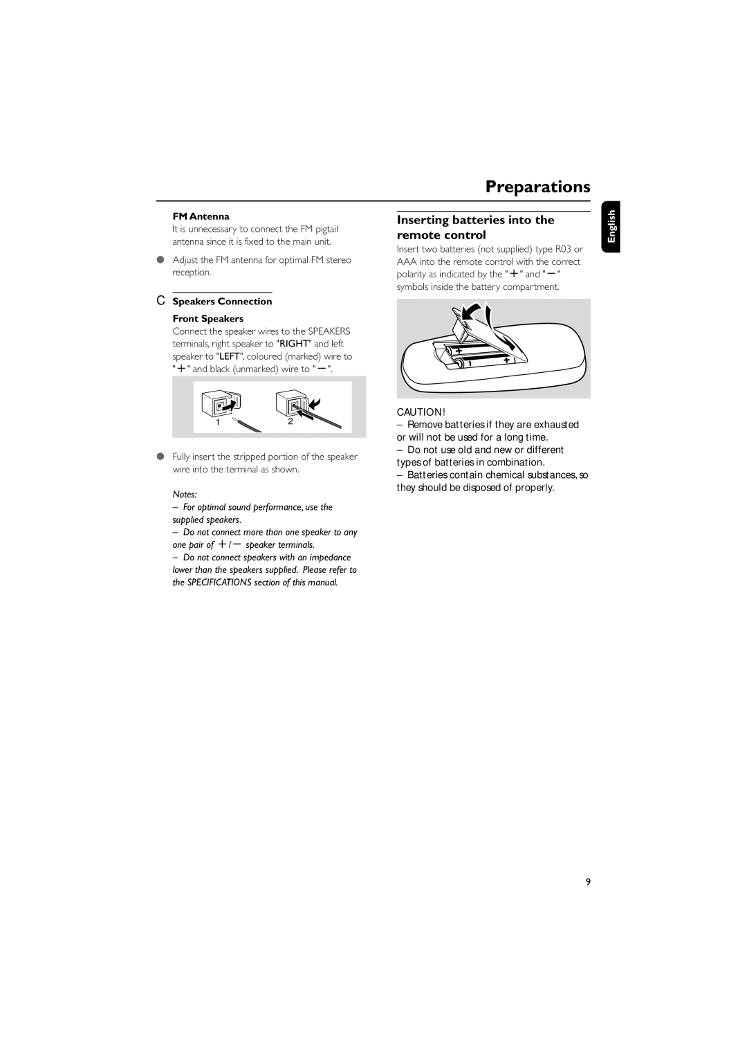 Philips MCM190 user manual Inserting batteries into the remote control, FM Antenna, Speakers Connection Front Speakers 