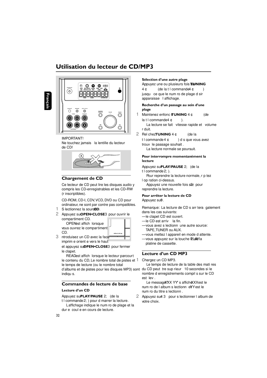 Philips MCM195 Utilisation du lecteur de CD/MP3, Chargement de CD, Commandes de lecture de base, Lecture d’un CD MP3 