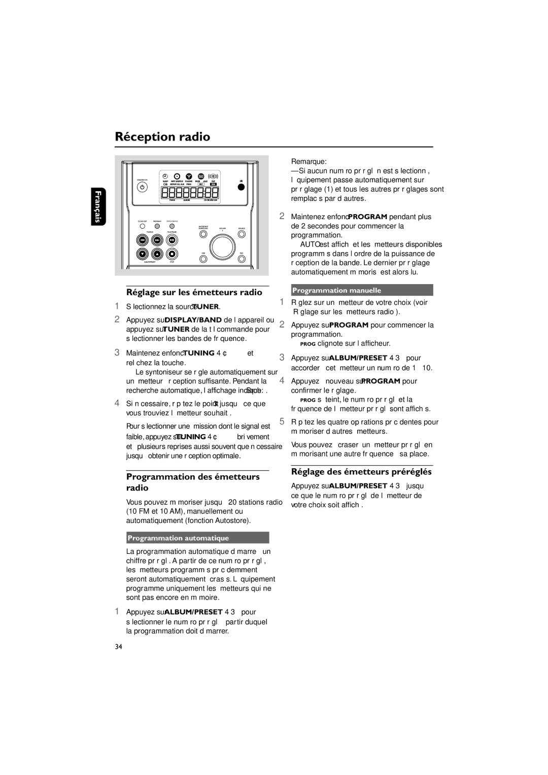 Philips MCM195 owner manual Réception radio, Réglage sur les émetteurs radio, Programmation des émetteurs, Radio 