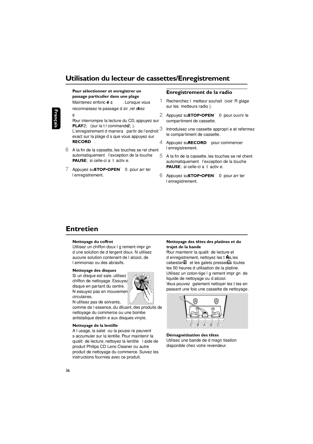 Philips MCM195 owner manual Utilisation du lecteur de cassettes/Enregistrement, Entretien, Enregistrement de la radio 