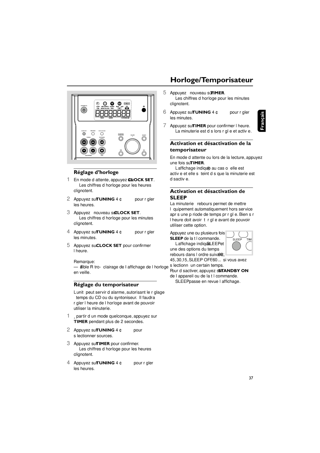 Philips MCM195 Horloge/Temporisateur, Réglage d’horloge, Réglage du temporisateur, Activation et désactivation de 