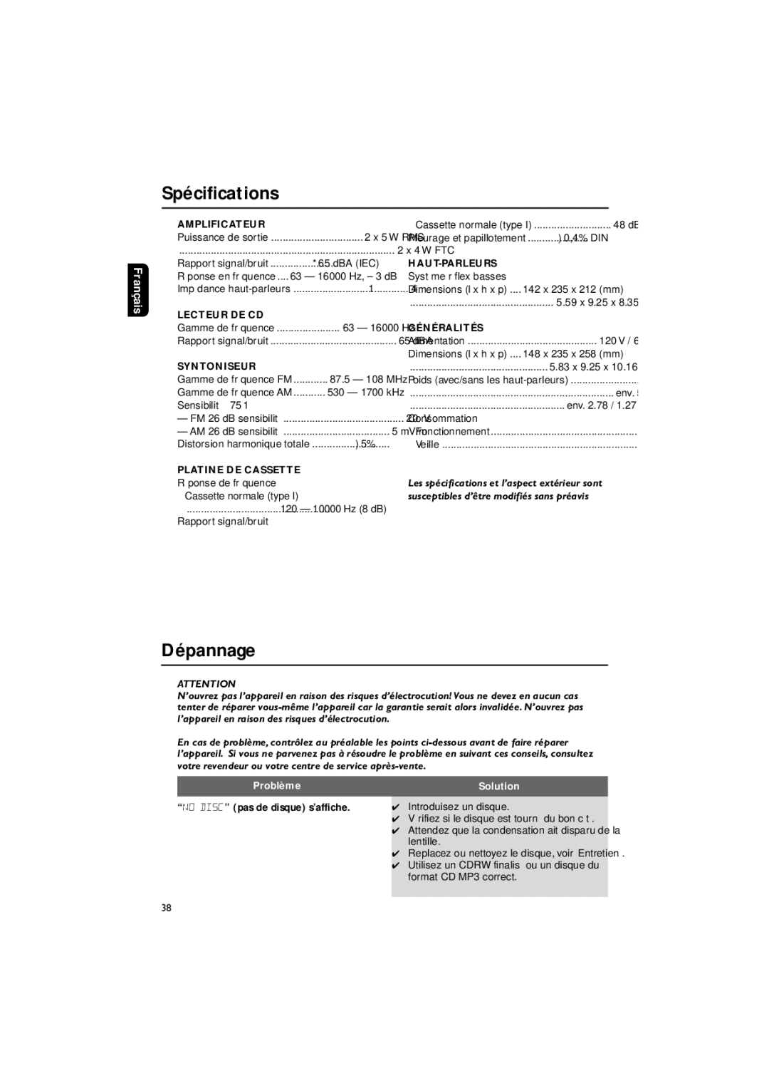 Philips MCM195 Spécifications, Dépannage, Platine DE Cassette Réponse de fréquence, No Disc pas de disque s’affiche 