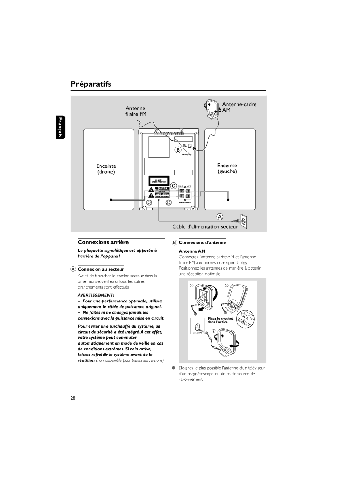 Philips MCM195 owner manual Préparatifs, Connexions arrière, Connexion au secteur, Connexions d’antenne Antenne AM 