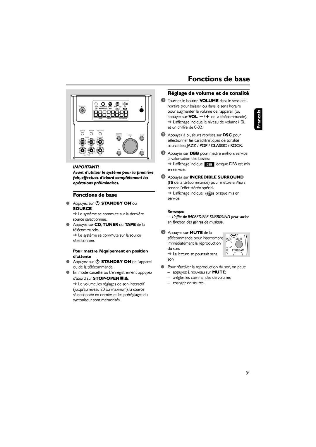 Philips MCM195 owner manual Fonctions de base, Réglage de volume et de tonalité, Français, Source, Remarque 