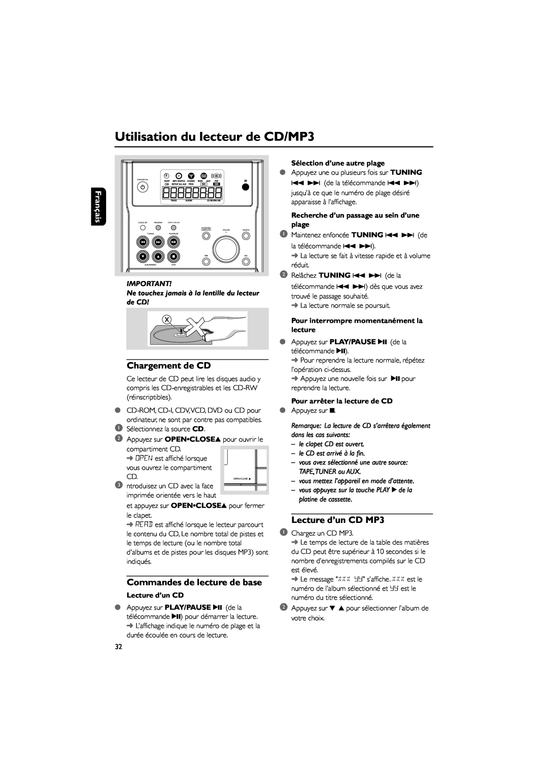 Philips MCM195 Utilisation du lecteur de CD/MP3, Chargement de CD, Commandes de lecture de base, Lecture d’un CD MP3 