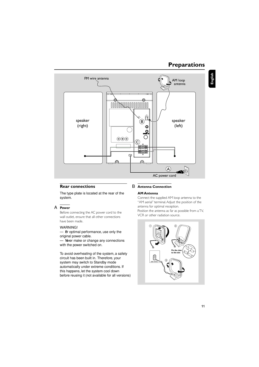 Philips MCM196D quick start Preparations, Rear connections, Power, Antenna Connection AM Antenna 