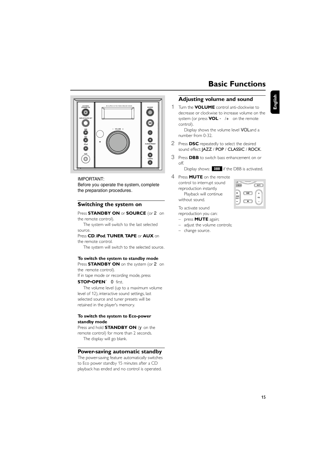 Philips MCM196D quick start Switching the system on, Adjusting volume and sound, Power-saving automatic standby 