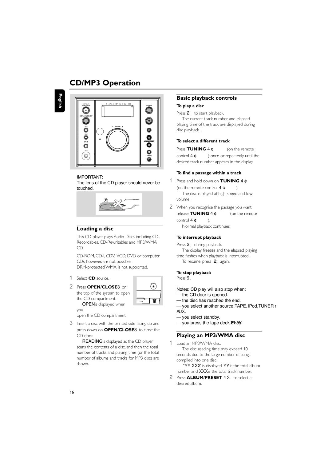 Philips MCM196D quick start CD/MP3 Operation, Loading a disc, Basic playback controls, Playing an MP3/WMA disc 