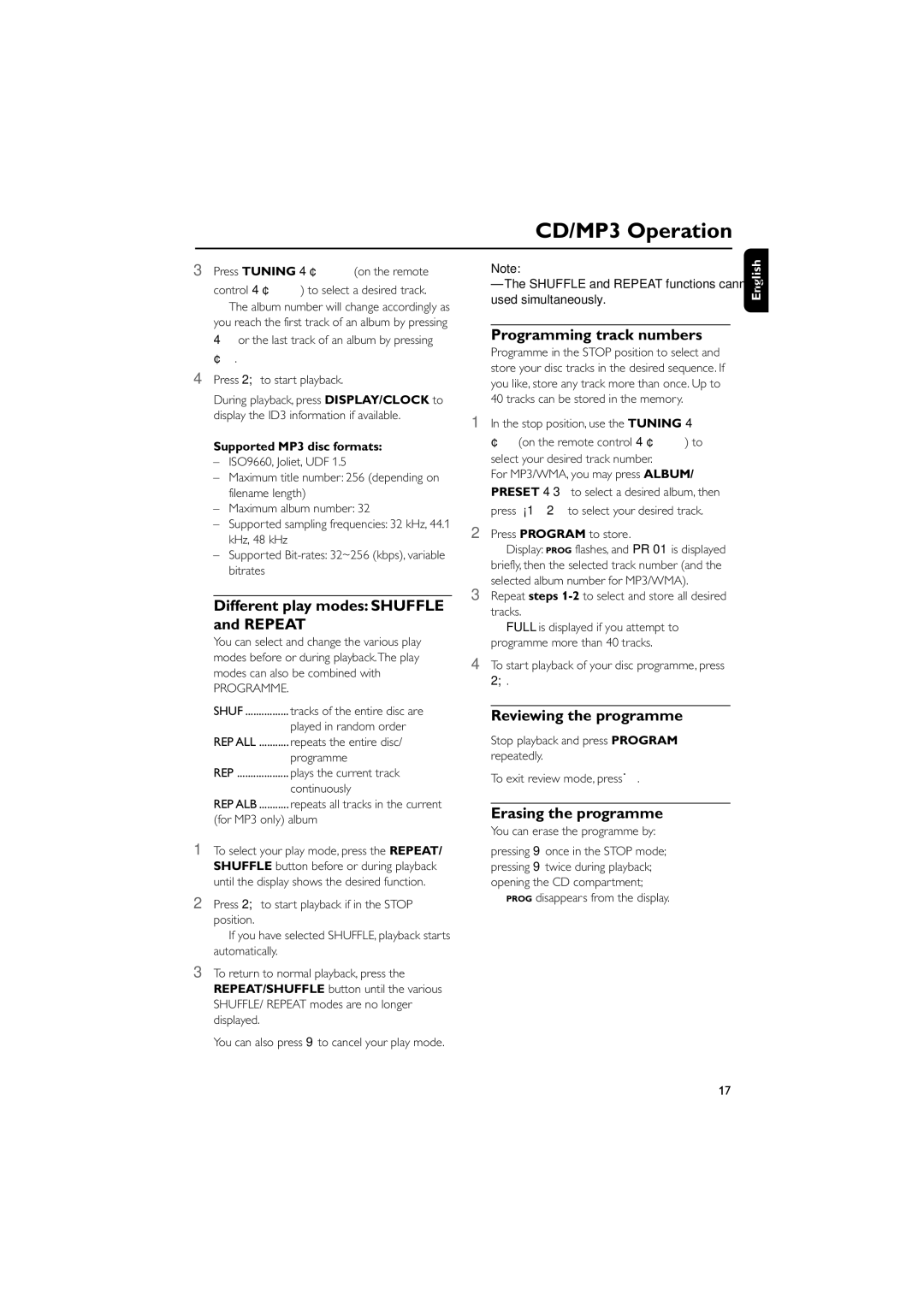 Philips MCM196D quick start Different play modes Shuffle and Repeat, Programming track numbers, Reviewing the programme 