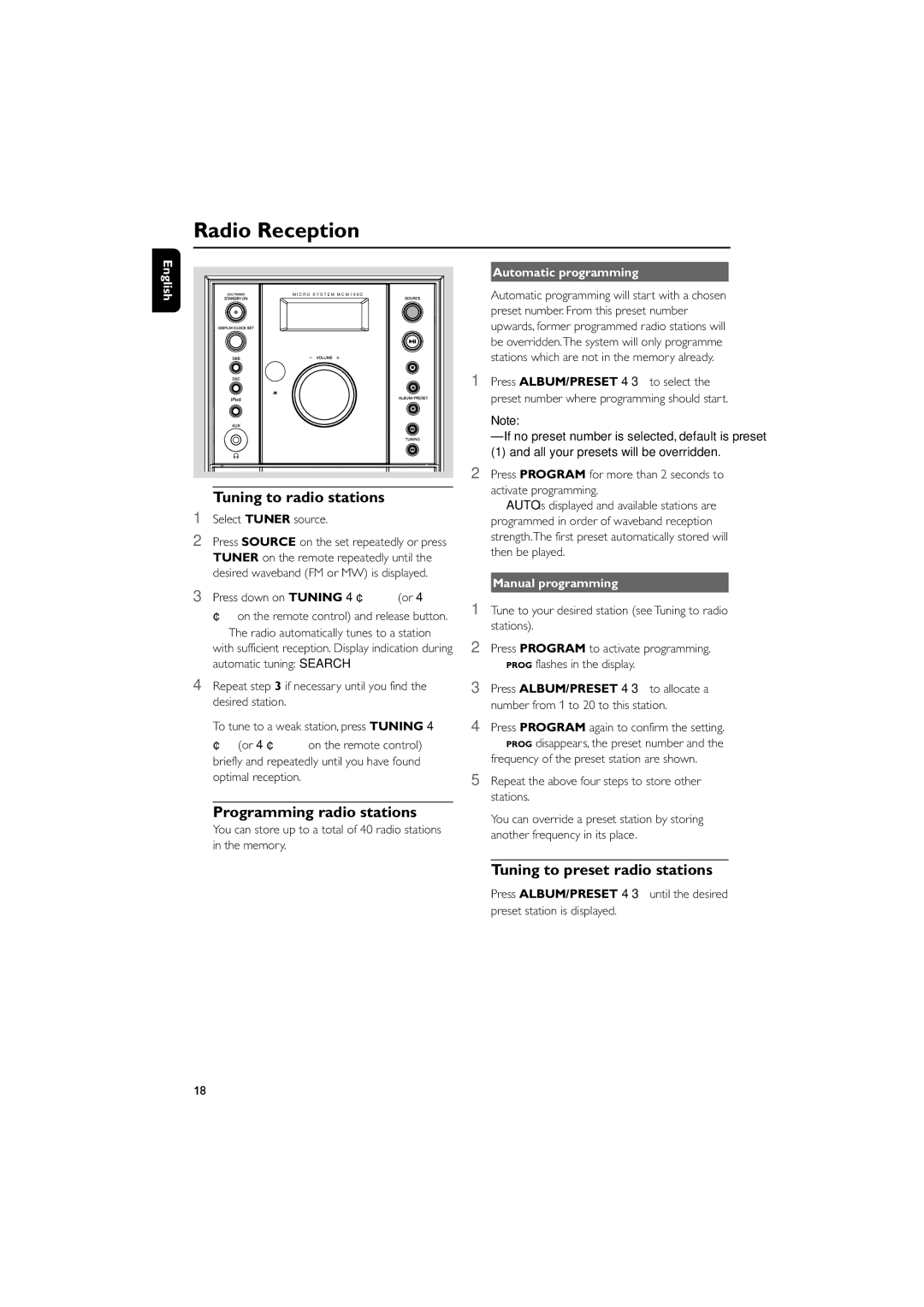 Philips MCM196D Radio Reception, Tuning to radio stations, Programming radio stations, Tuning to preset radio stations 