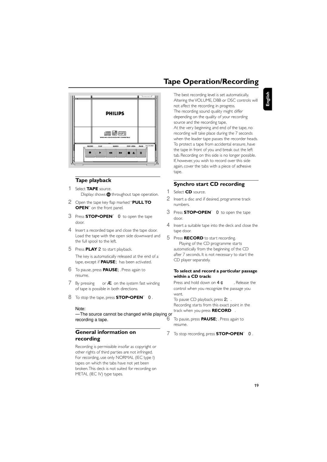 Philips MCM196D Tape Operation/Recording, Tape playback, General information on recording, Synchro start CD recording 