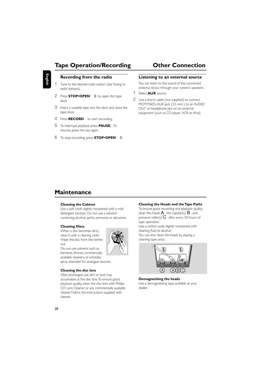 Philips MCM196D quick start Maintenance, Recording from the radio Listening to an external source 