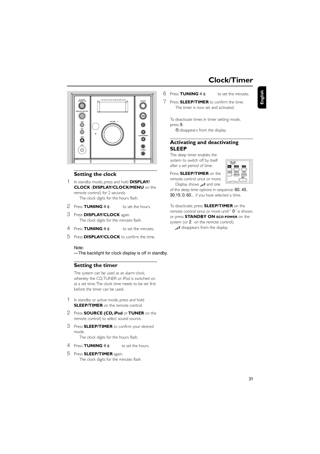 Philips MCM196D Clock/Timer, Setting the clock, Activating and deactivating, Setting the timer, Press DISPLAY/CLOCK again 