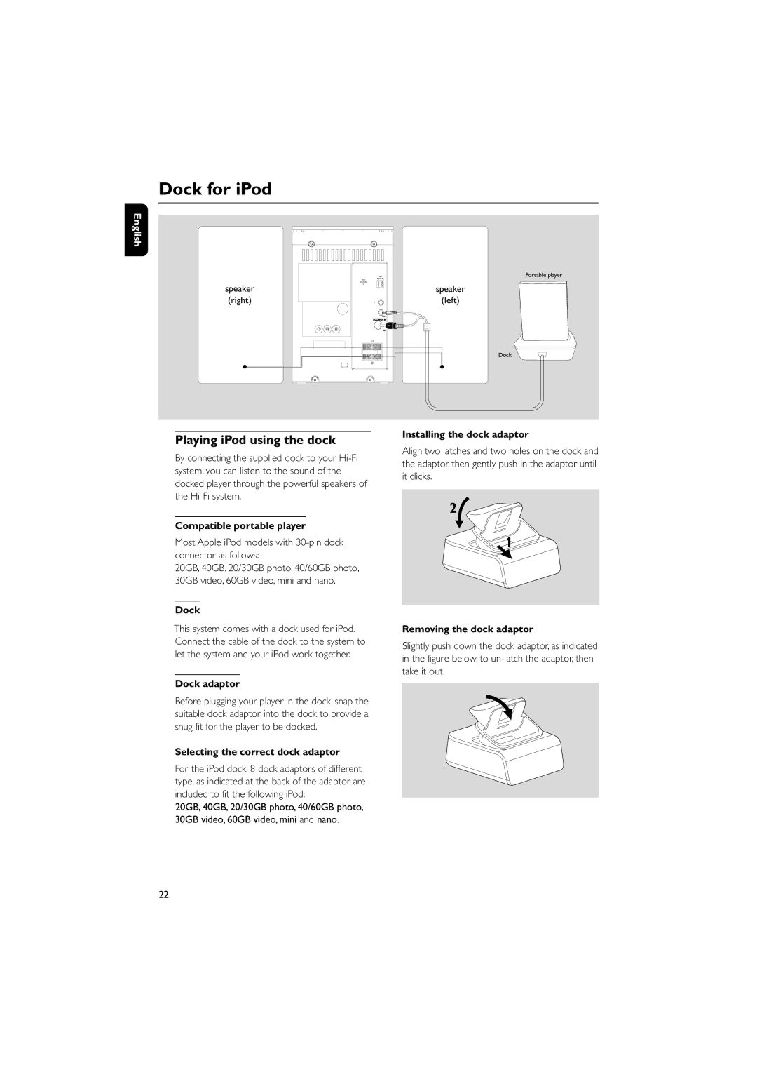 Philips MCM196D quick start Dock for iPod, Playing iPod using the dock 