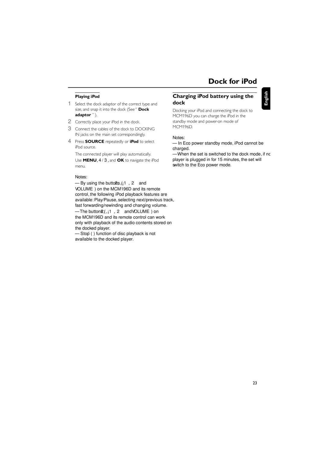 Philips MCM196D quick start Charging iPod battery using the dock, Eco power standby mode, iPod cannot be charged 