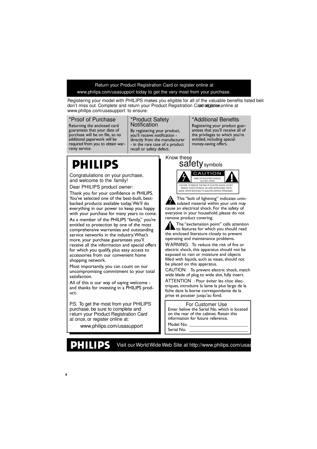 Philips MCM196D quick start For Customer Use, Returning the enclosed card, Registering your product guar 