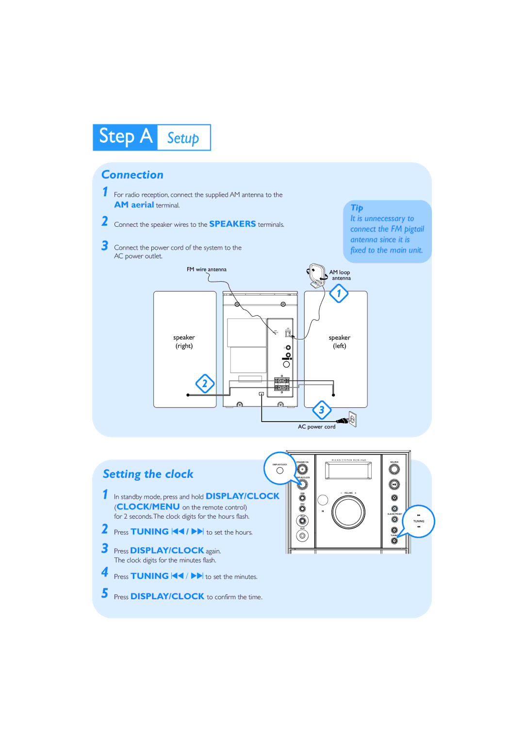 Philips MCM196D/37B quick start Connection, Setting the clock 