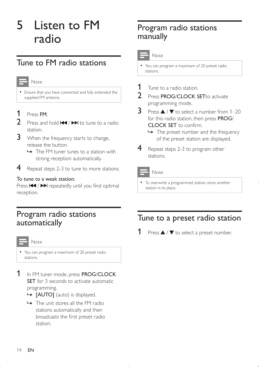 Philips MCM2000 user manual Listen to FM radio, Tune to FM radio stations, Program radio stations automatically 