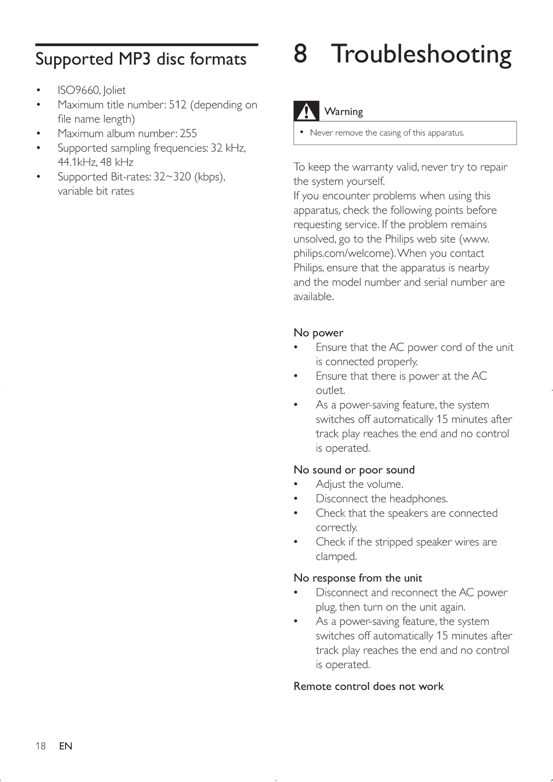 Philips MCM2000 user manual Troubleshooting 