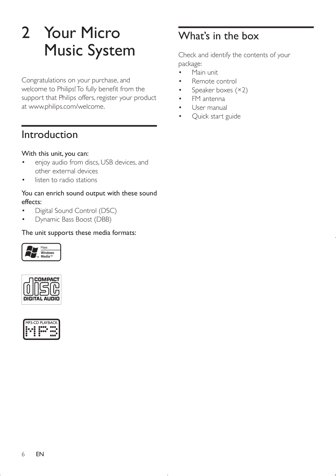 Philips MCM2000 user manual Your Micro Music System, What’s in the box Introduction 