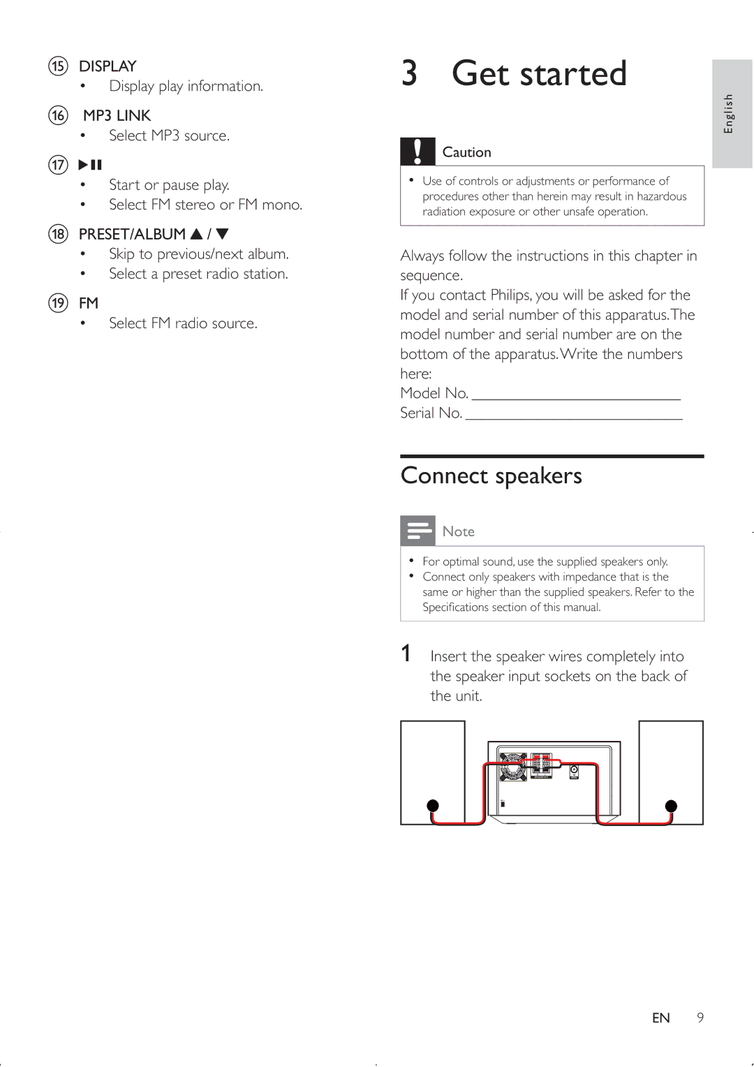 Philips MCM2000 user manual Get started, Connect speakers 