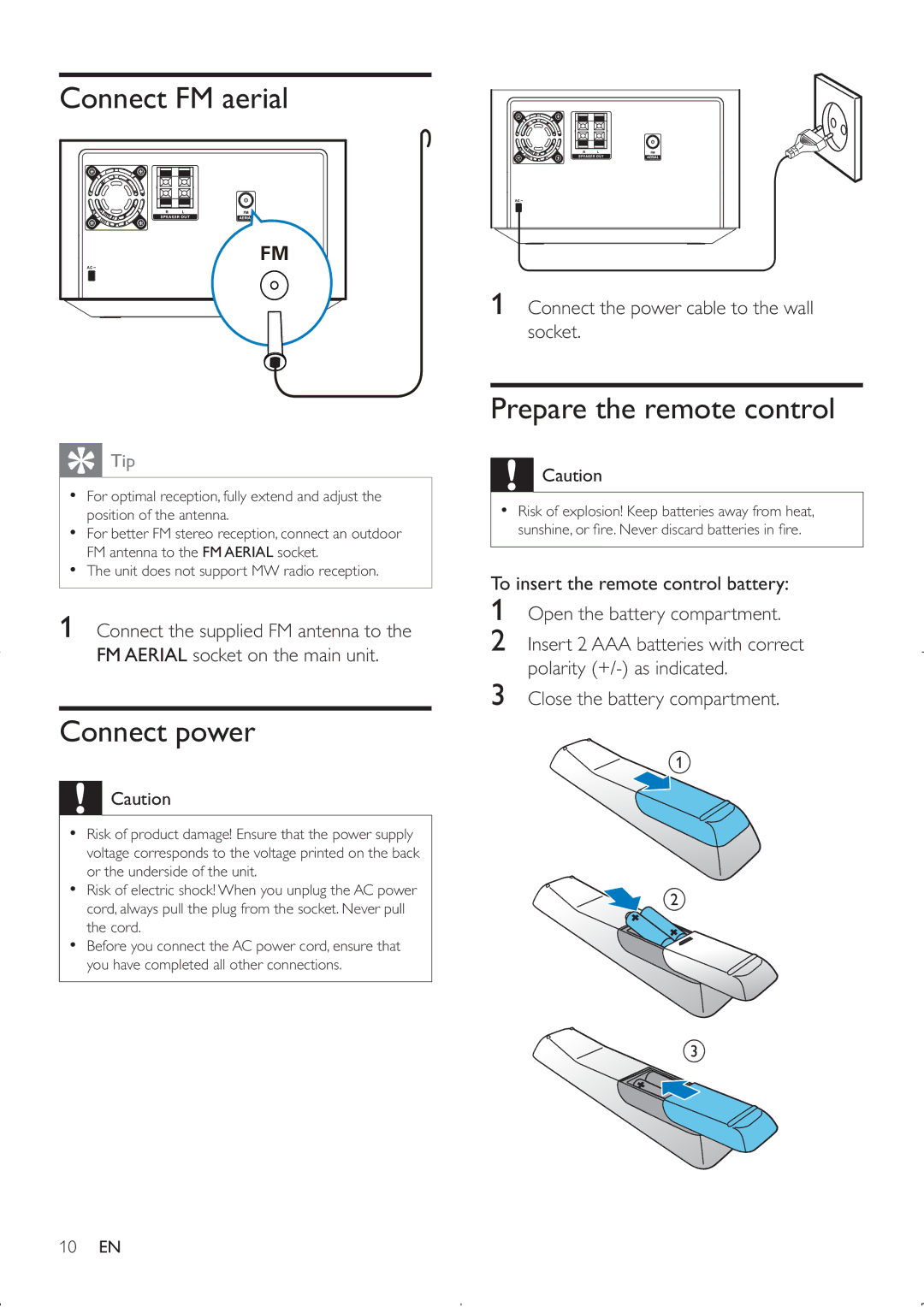 Philips MCM2000 user manual Connect FM aerial, Connect power, Prepare the remote control 