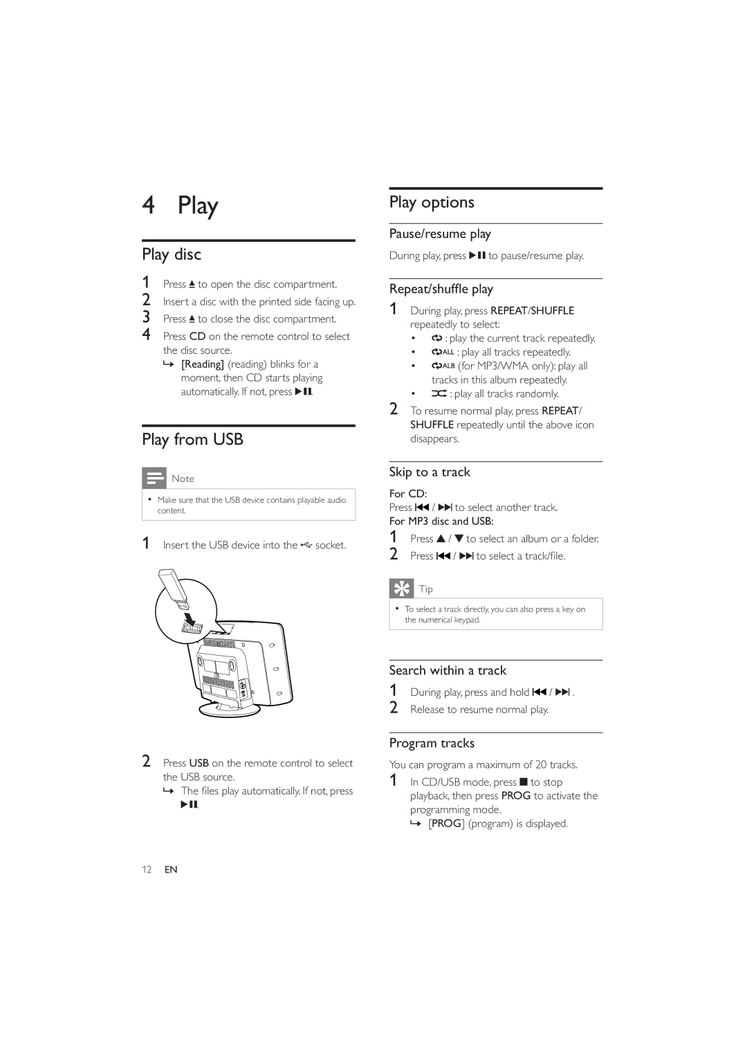 Philips MCM2050 user manual Play disc, Play from USB, Play options 