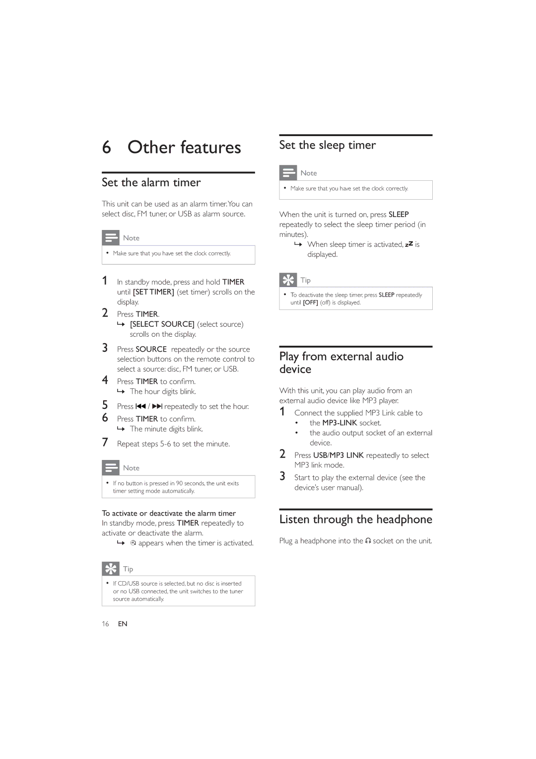 Philips MCM2050 user manual Other features, Set the alarm timer, Set the sleep timer, Play from external audio device 