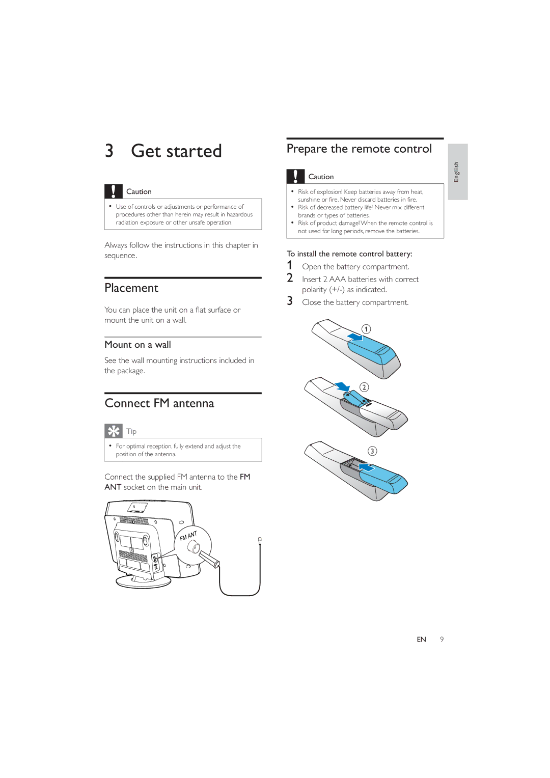 Philips MCM2050 user manual Get started, Placement, Connect FM antenna, Prepare the remote control 