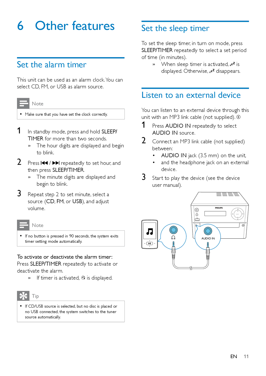 Philips MCM2150 user manual Other features, Set the alarm timer, Set the sleep timer, Listen to an external device 