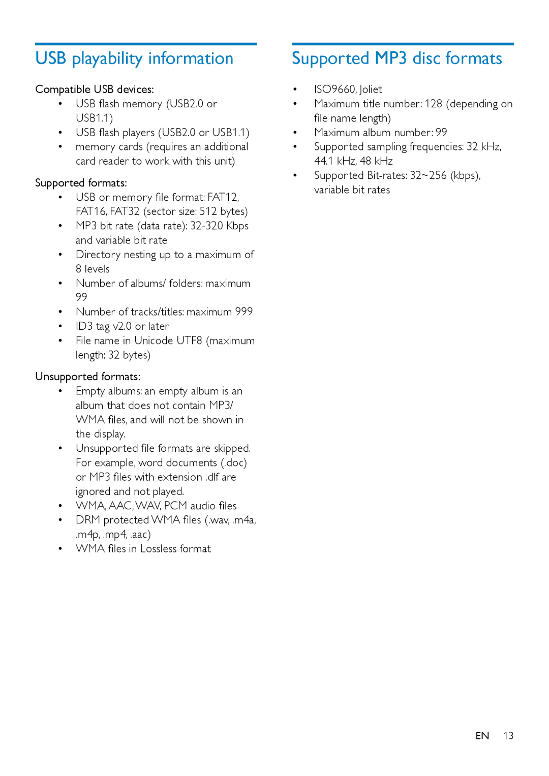 Philips MCM2150 user manual USB playability information, Supported MP3 disc formats 