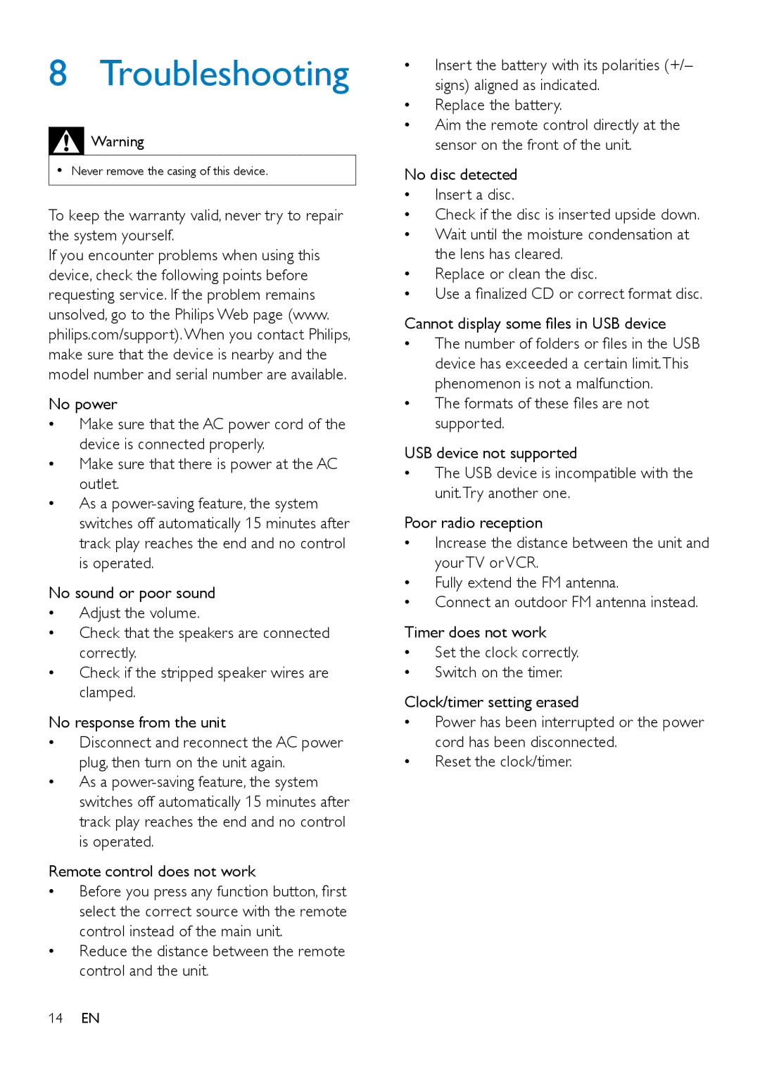 Philips MCM2150 user manual Troubleshooting 