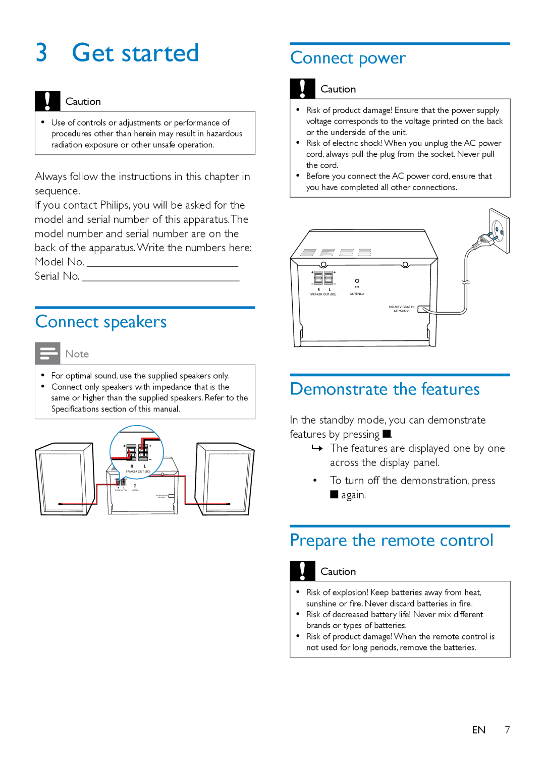 Philips MCM2150 Get started, Connect speakers, Connect power, Demonstrate the features, Prepare the remote control 