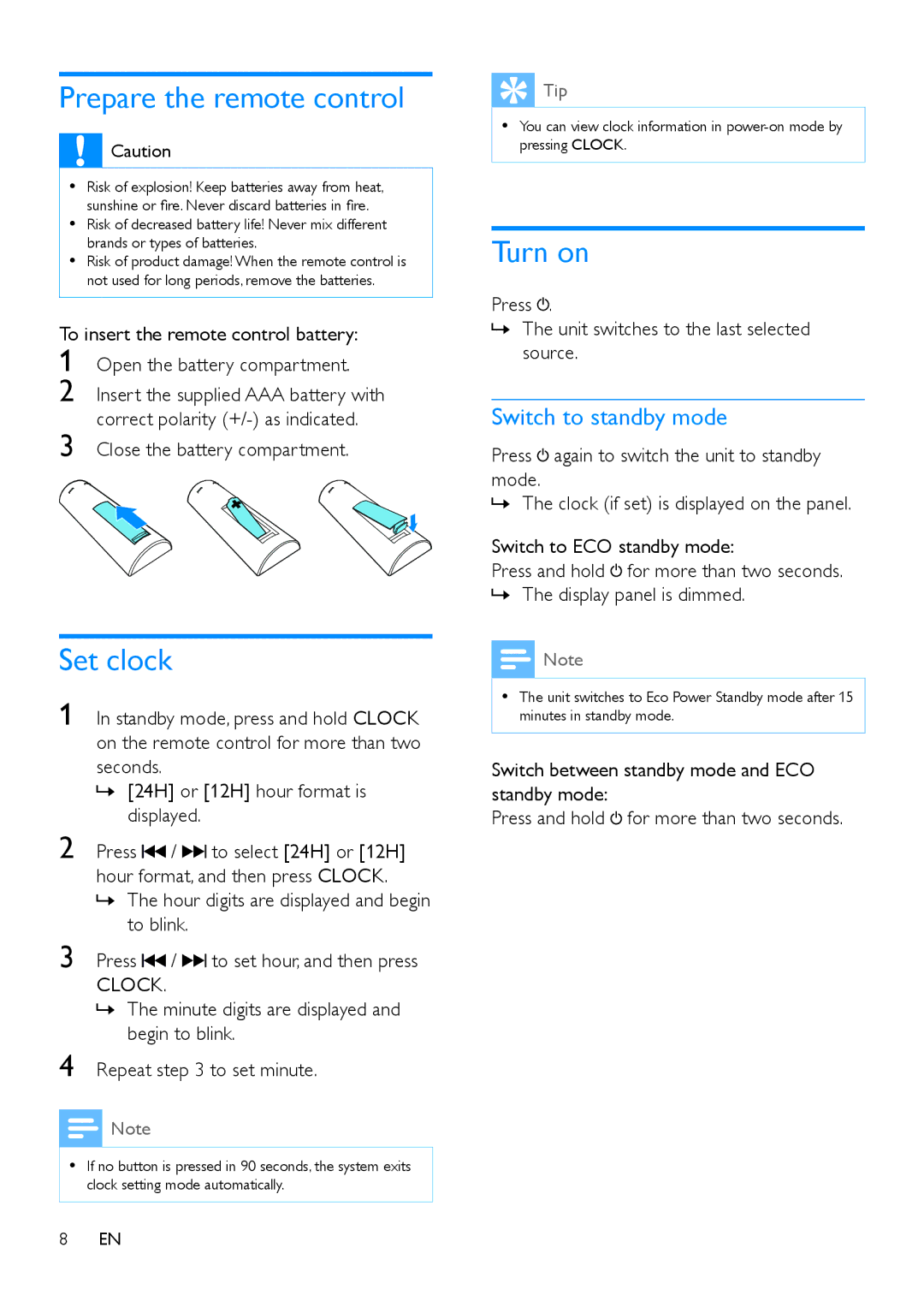 Philips MCM2150 user manual Prepare the remote control, Set clock, Turn on 