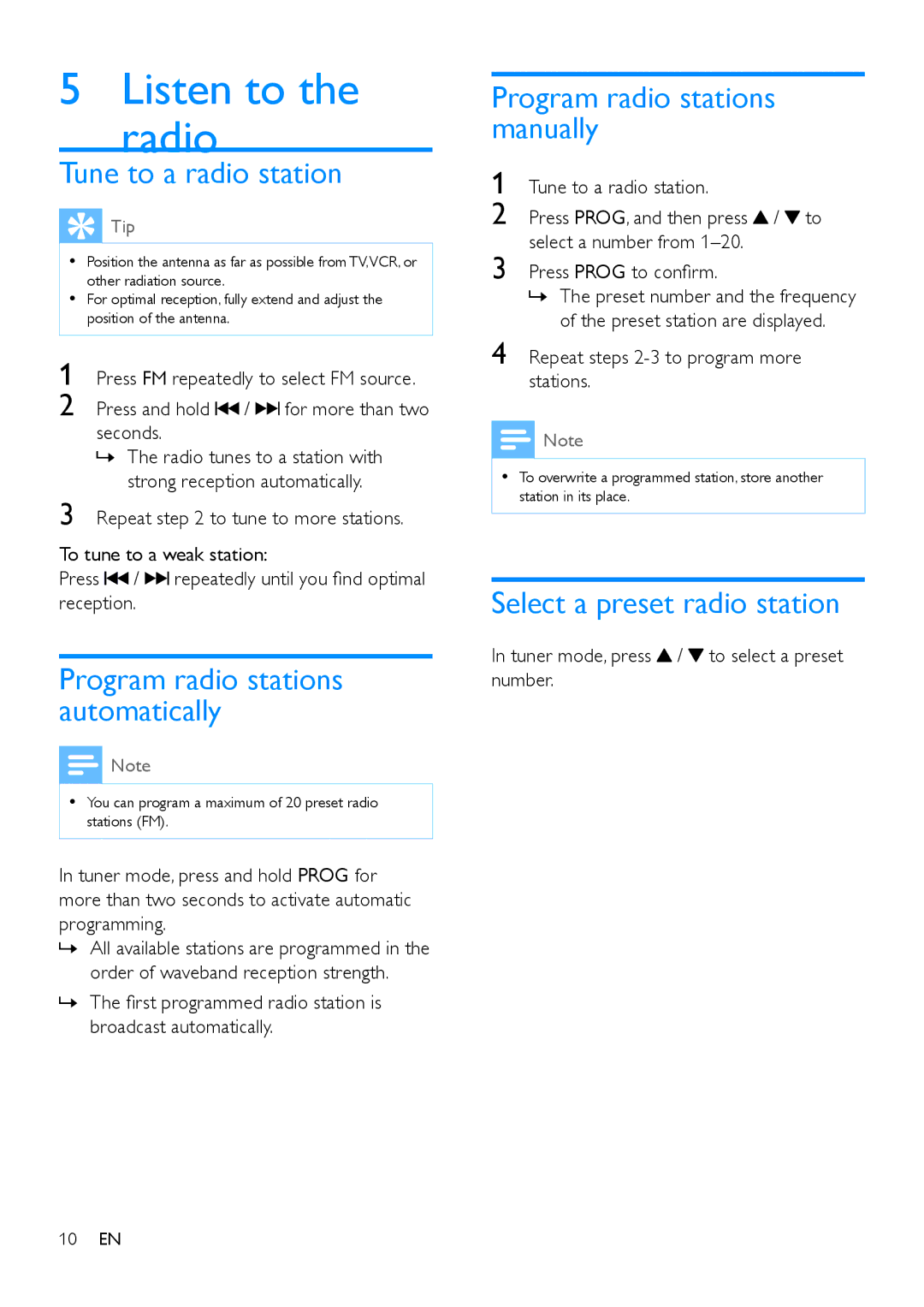 Philips MCM2150 user manual Listen to the radio, Tune to a radio station, Program radio stations automatically 