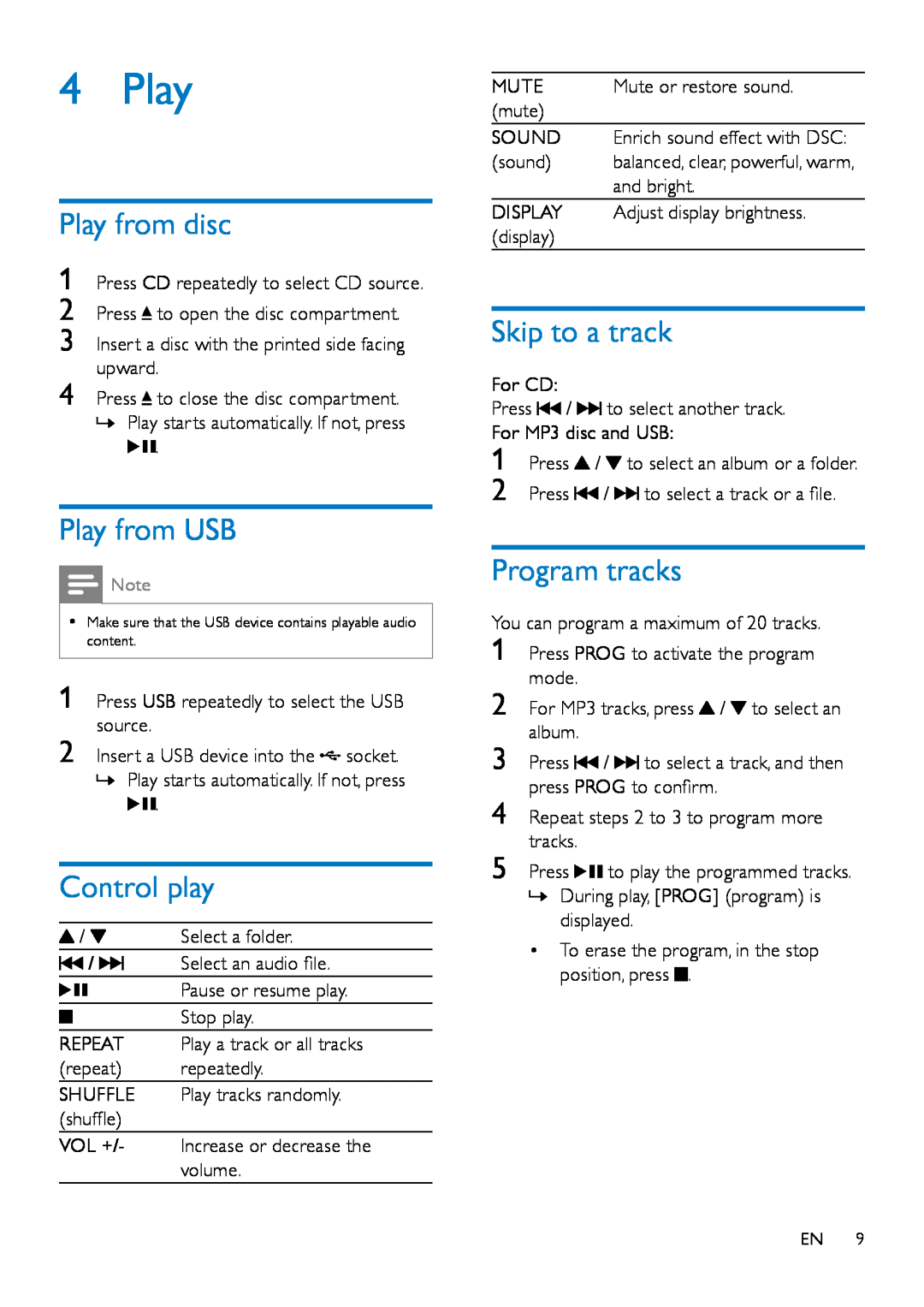 Philips MCM2150 user manual Play from disc, Play from USB, Control play, Skip to a track, Program tracks 