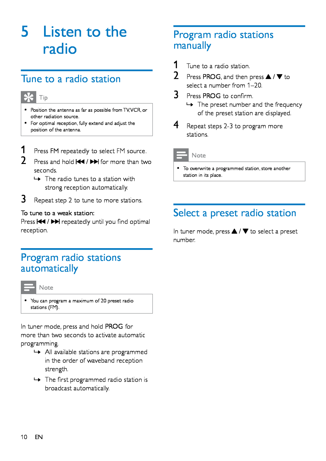Philips MCM2150 user manual Listen to the radio, Tune to a radio station, Program radio stations automatically 