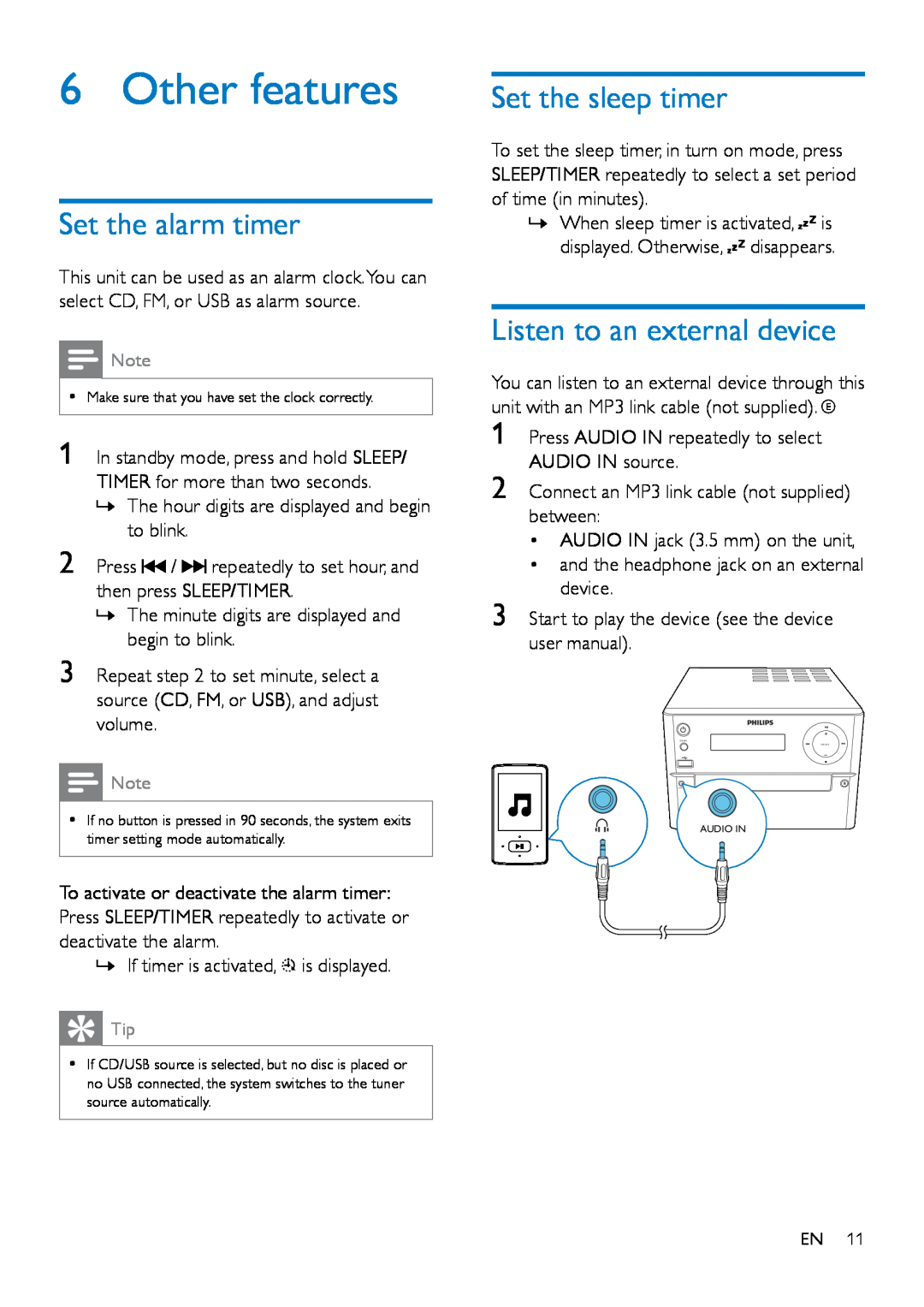 Philips MCM2150 user manual Other features, Set the alarm timer, Set the sleep timer, Listen to an external device 