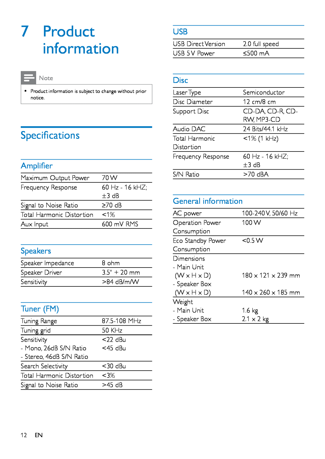 Philips MCM2150 user manual Product information, Specifications, Amplifier, Speakers, Tuner FM, Disc, General information 