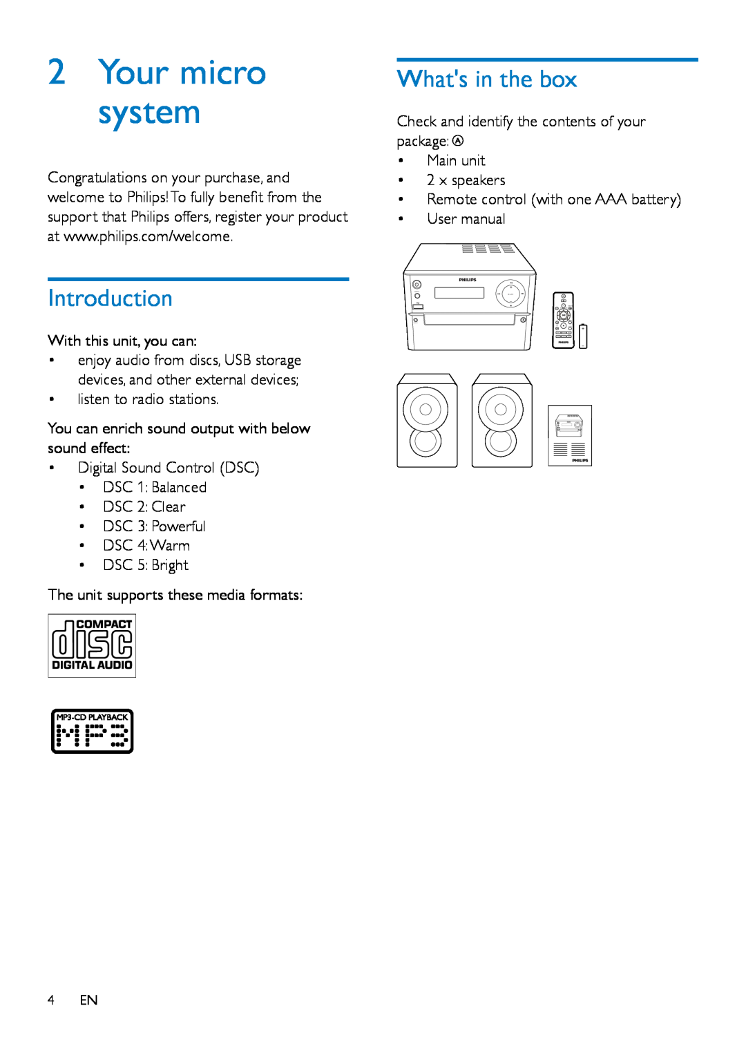 Philips MCM2150 user manual Introduction, Whats in the box, Your micro system 