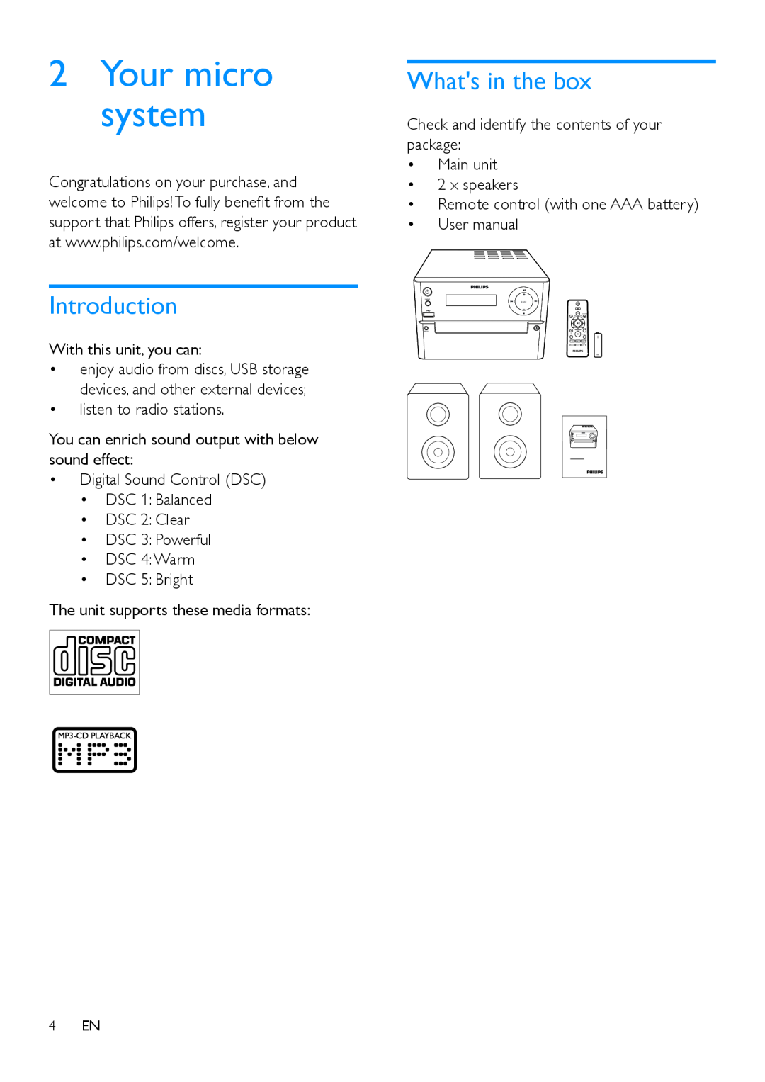 Philips MCM2150 user manual Introduction, Whats in the box, 2Your micro system 