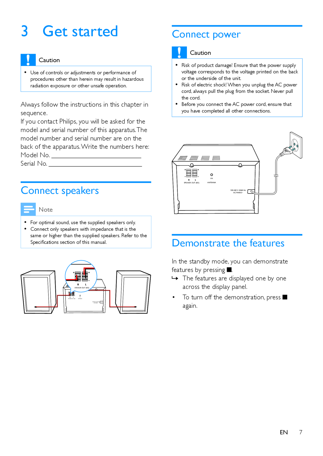 Philips MCM2150 user manual Get started, Connect speakers, Connect power, Demonstrate the features 