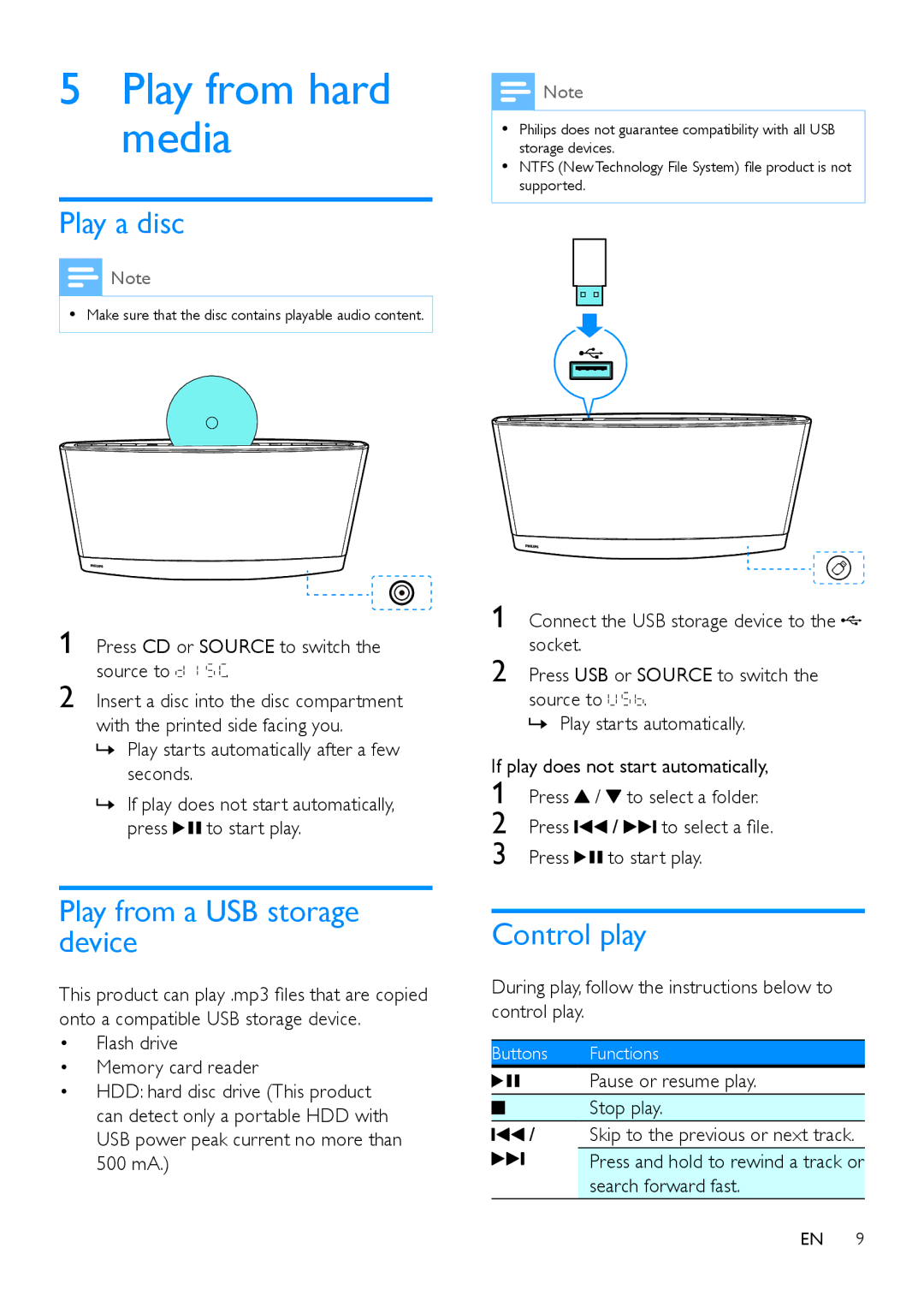 Philips MCM2250 user manual Play from hard media, Play a disc, Play from a USB storage device, Control play 