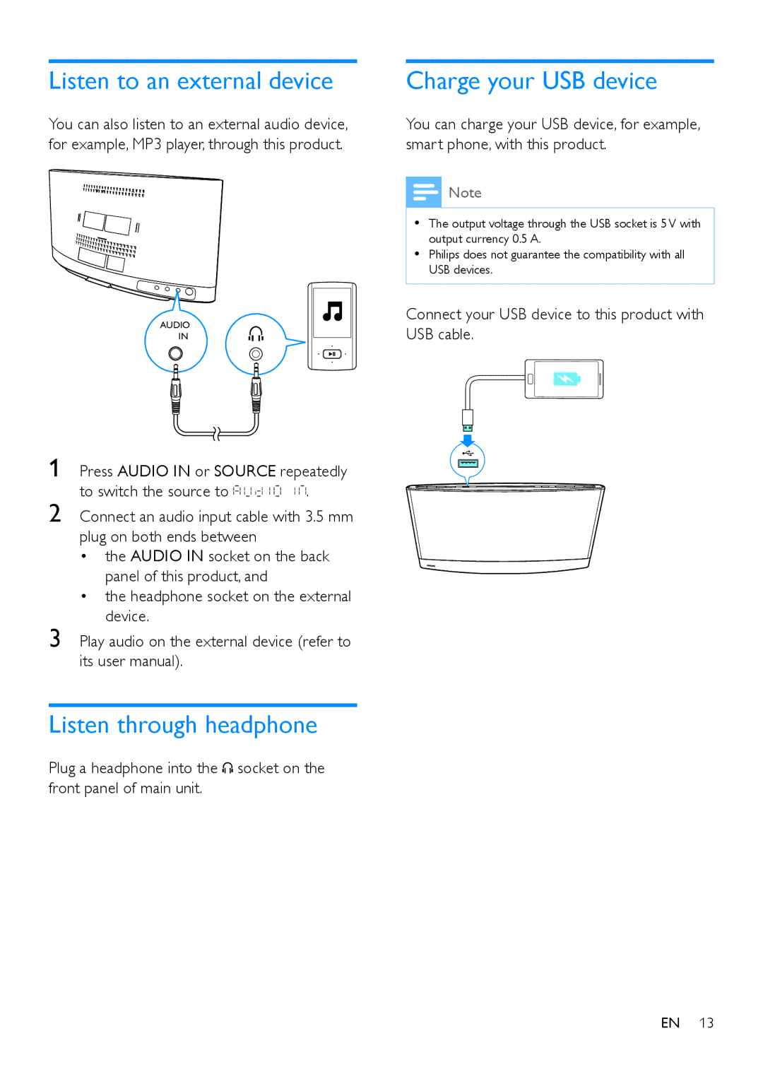 Philips MCM2250 user manual Listen to an external device, Listen through headphone, Charge your USB device 