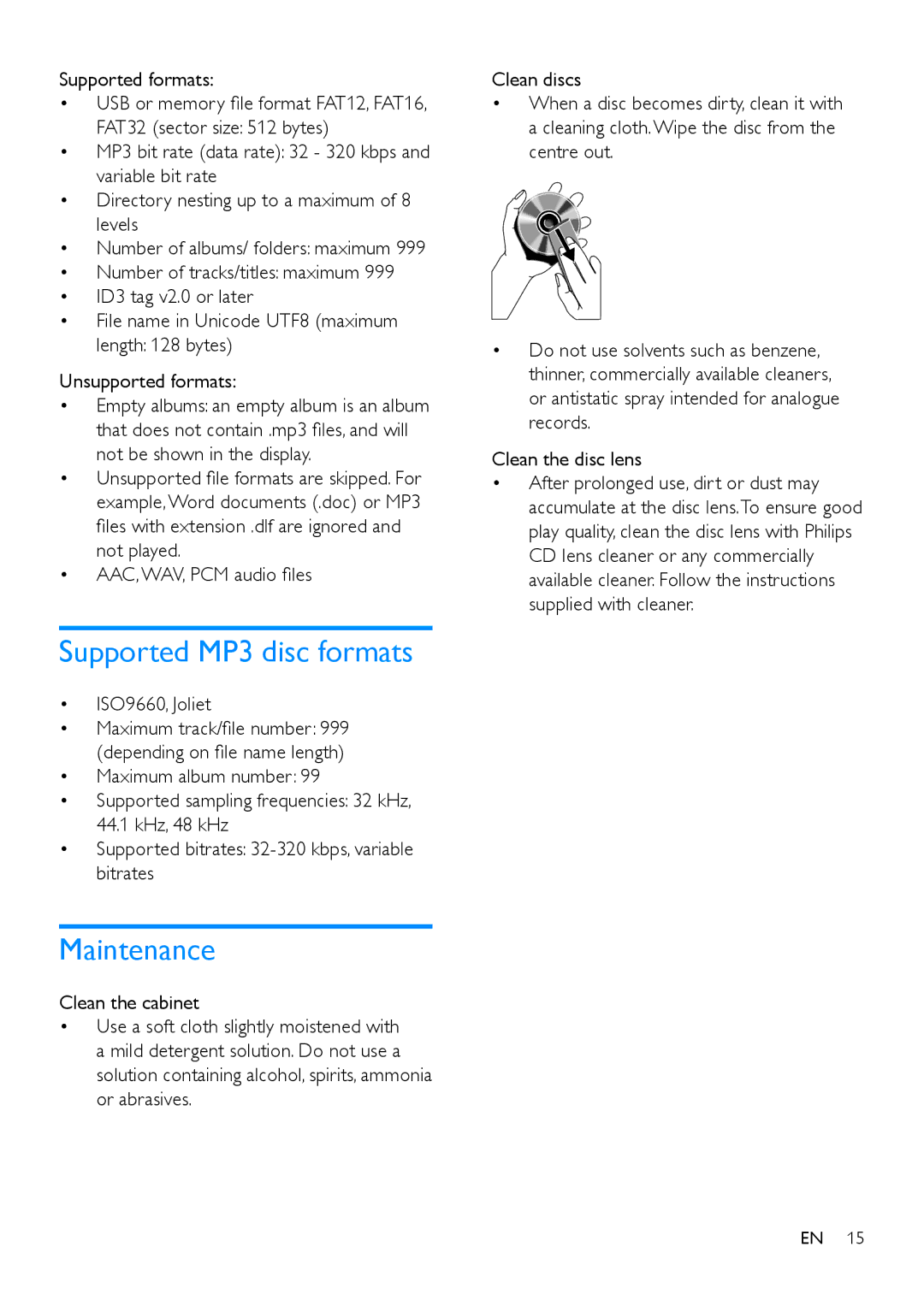 Philips MCM2250 Supported MP3 disc formats, Maintenance, AAC, WAV, PCM audio files, ISO9660, Joliet, Clean the disc lens 