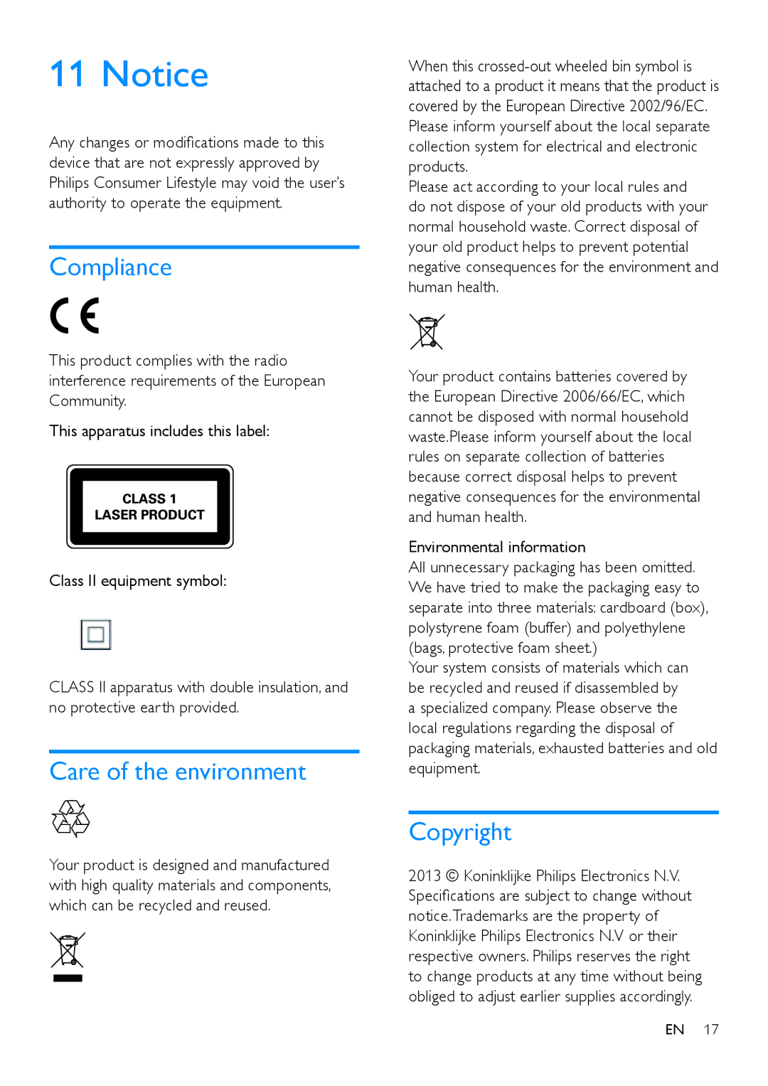 Philips MCM2250 user manual Compliance, Care of the environment, Copyright, Environmental information 