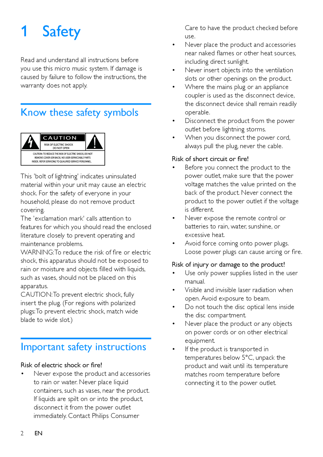 Philips MCM2250 Safety, Know these safety symbols, Important safety instructions, Risk of electric shock or fire 