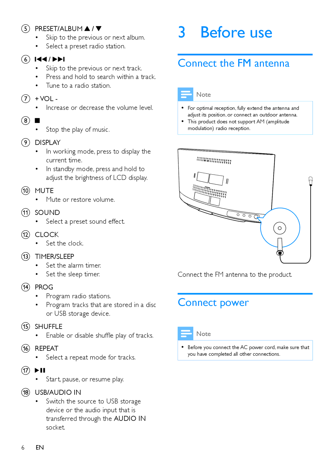 Philips MCM2250 user manual Before use, Connect the FM antenna, Connect power 