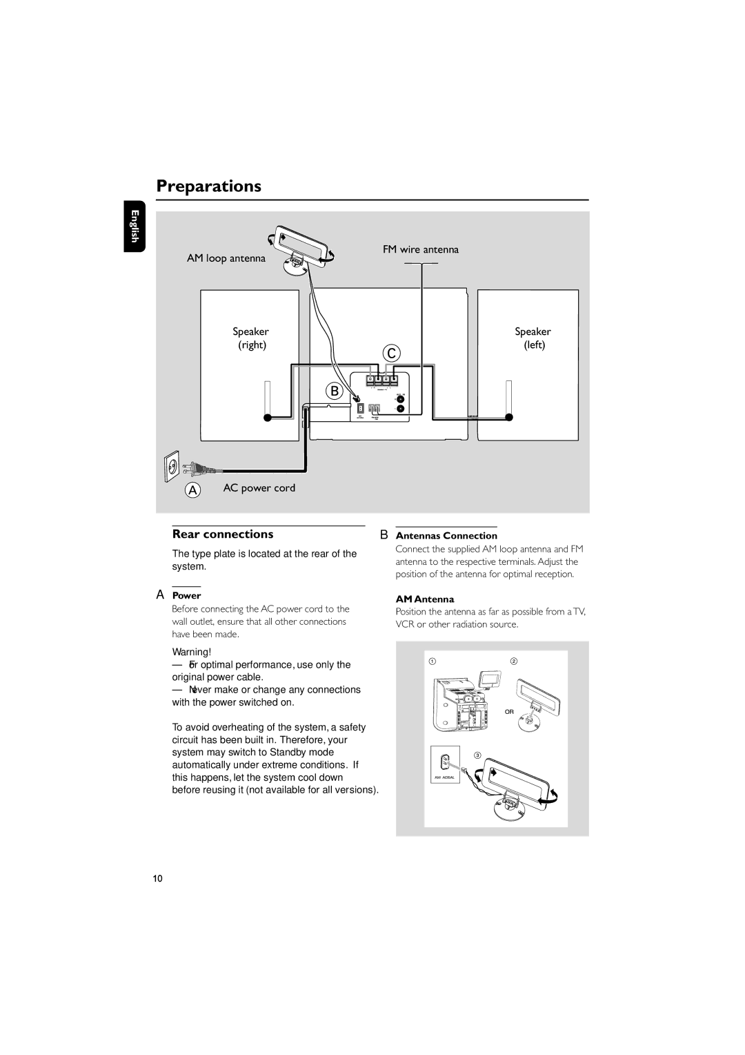 Philips MCM240 owner manual Preparations, Rear connections, Power, Antennas Connection, AM Antenna 