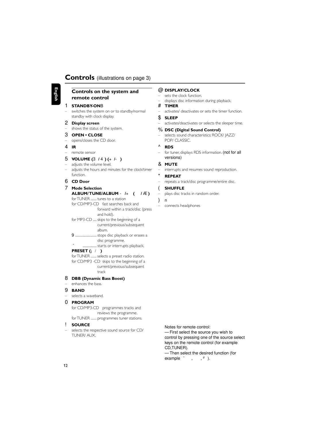 Philips MCM240 owner manual Controls on the system, Remote control 